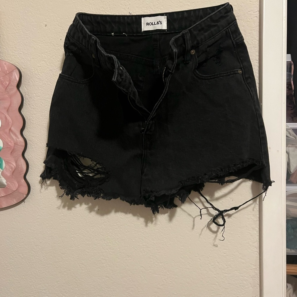 Rollas Black Distressed Denim Shorts